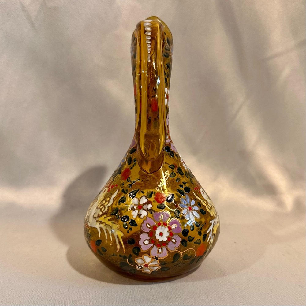 Vintage Hand-Painted Floral Enamelled Amber Hand Blown Glass Vase Pitcher Ewer - Picture 2 of 9
